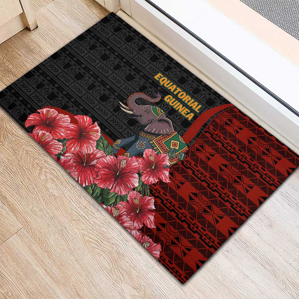 Equatorial Guinea Elephant Rubber Doormat with Hibiscus Flowers and Tribal Patterns