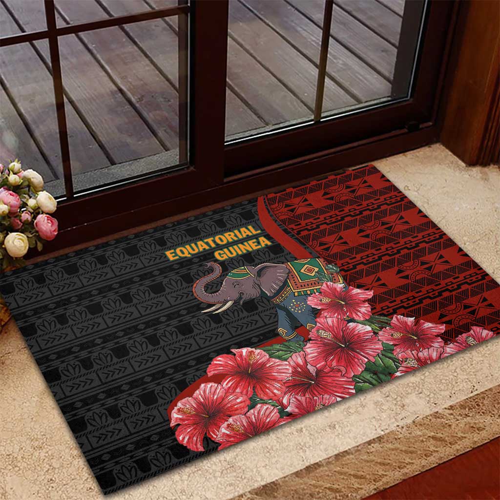 Equatorial Guinea Elephant Rubber Doormat with Hibiscus Flowers and Tribal Patterns