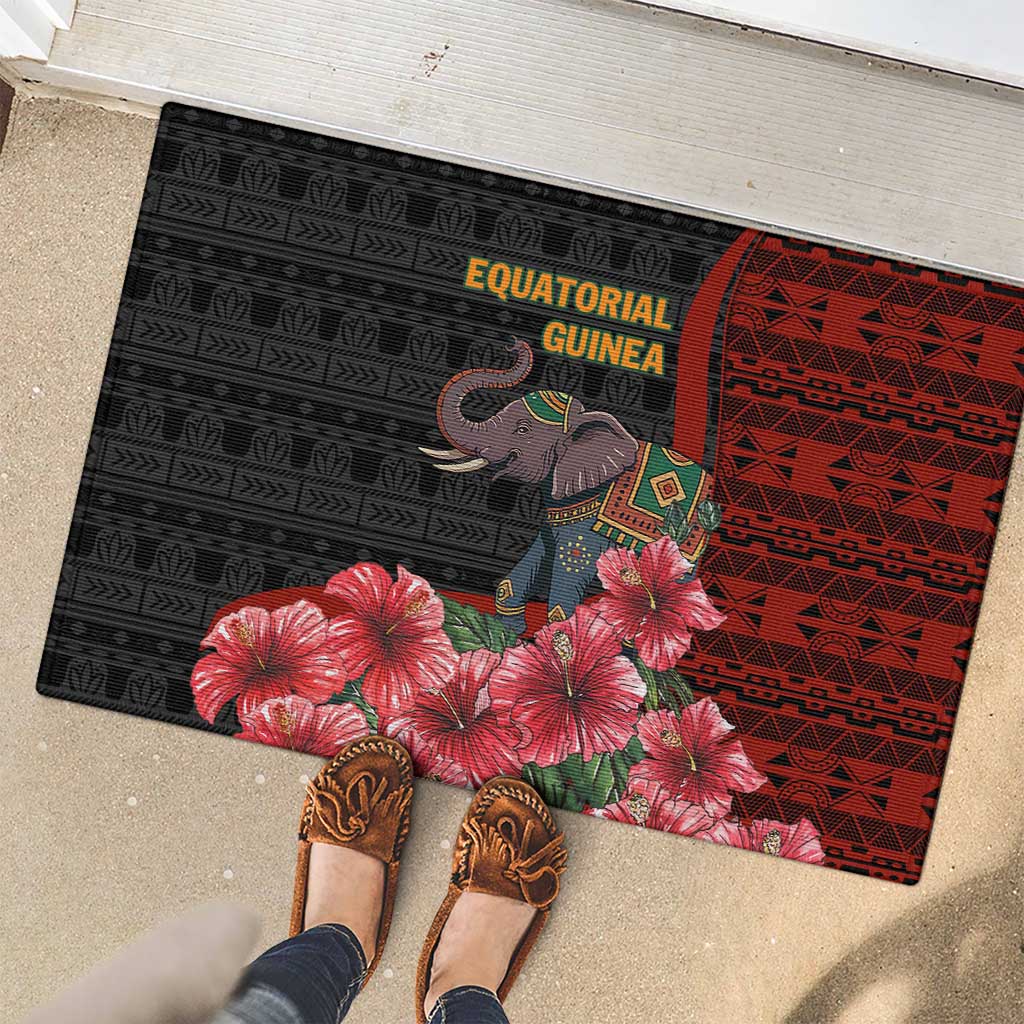 Equatorial Guinea Elephant Rubber Doormat with Hibiscus Flowers and Tribal Patterns