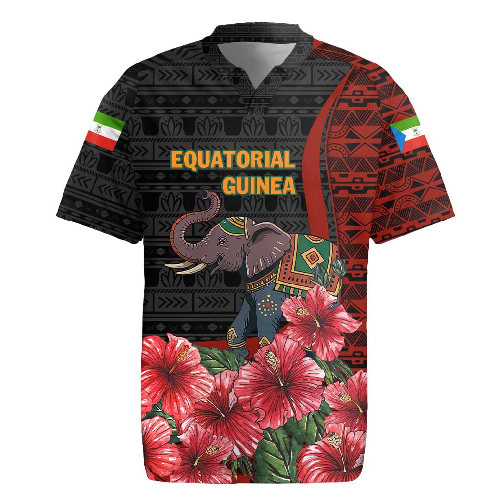 Equatorial Guinea Elephant Rugby Jersey with Hibiscus Flowers and Tribal Patterns
