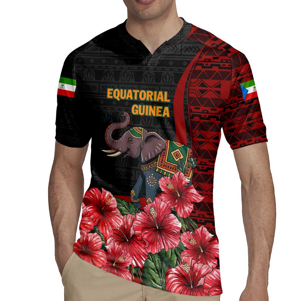 Equatorial Guinea Elephant Rugby Jersey with Hibiscus Flowers and Tribal Patterns
