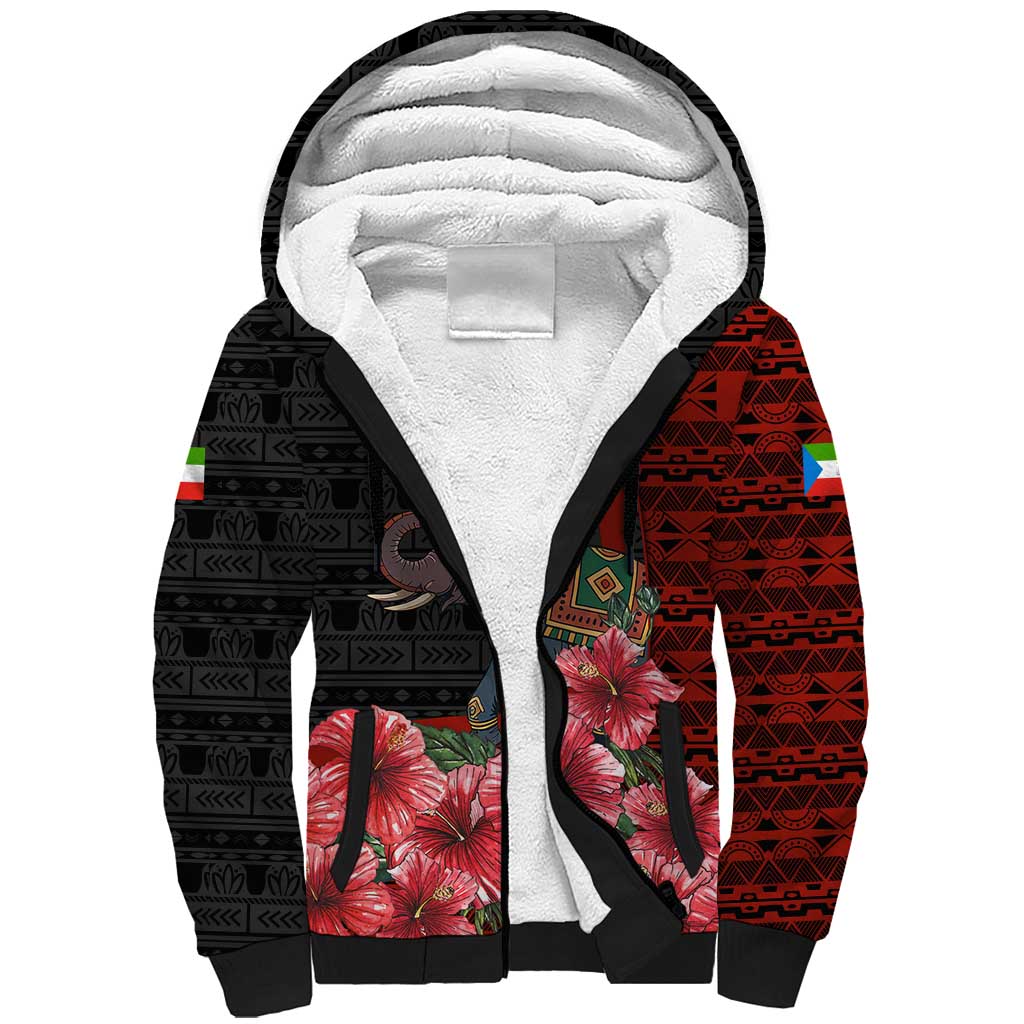 Equatorial Guinea Elephant Sherpa Hoodie with Hibiscus Flowers and Tribal Patterns