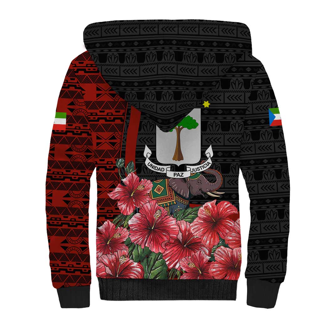 Equatorial Guinea Elephant Sherpa Hoodie with Hibiscus Flowers and Tribal Patterns