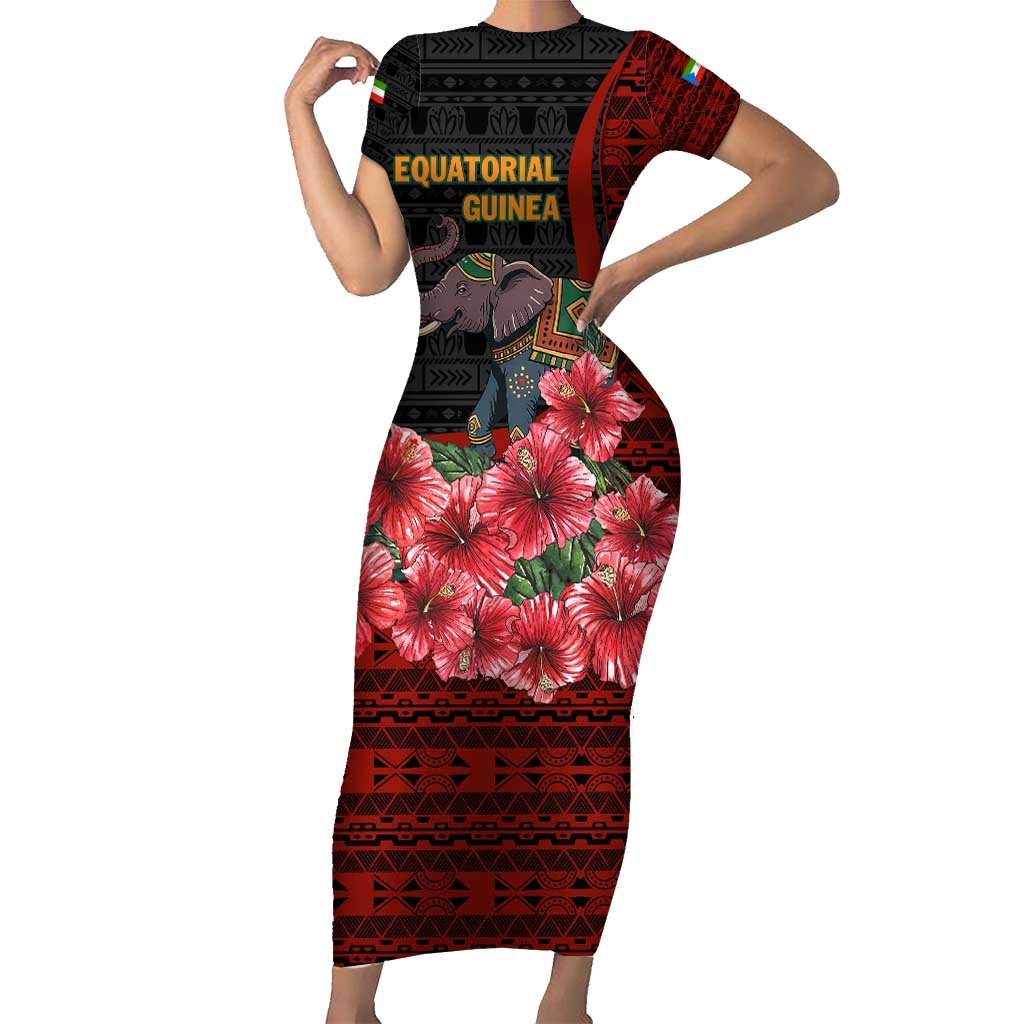 Equatorial Guinea Elephant Short Sleeve Bodycon Dress with Hibiscus Flowers and Tribal Patterns