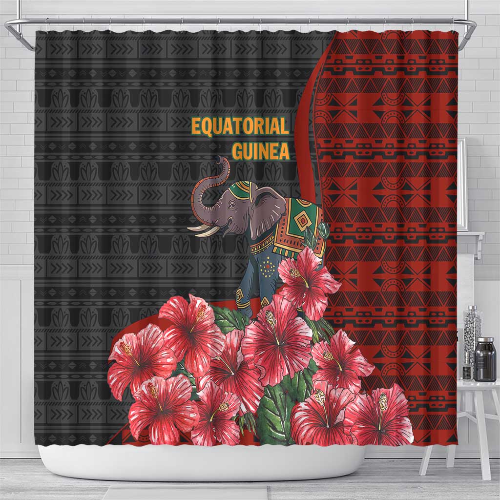 Equatorial Guinea Elephant Shower Curtain with Hibiscus Flowers and Tribal Patterns