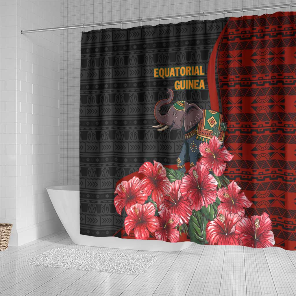 Equatorial Guinea Elephant Shower Curtain with Hibiscus Flowers and Tribal Patterns