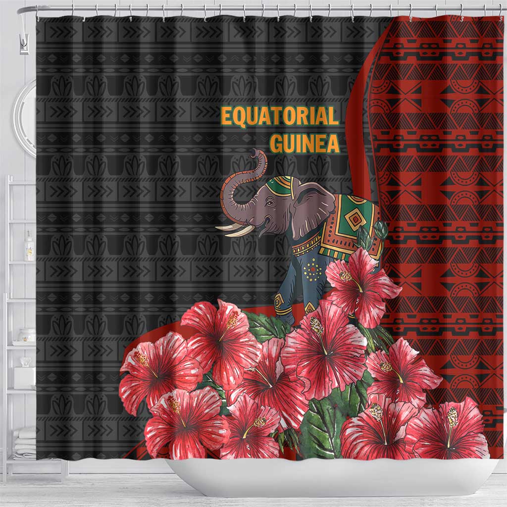 Equatorial Guinea Elephant Shower Curtain with Hibiscus Flowers and Tribal Patterns