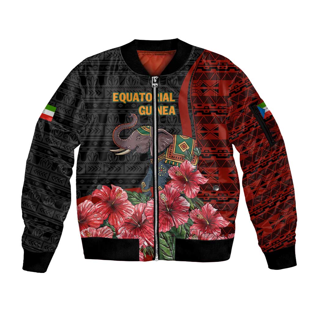Equatorial Guinea Elephant Sleeve Zip Bomber Jacket with Hibiscus Flowers and Tribal Patterns