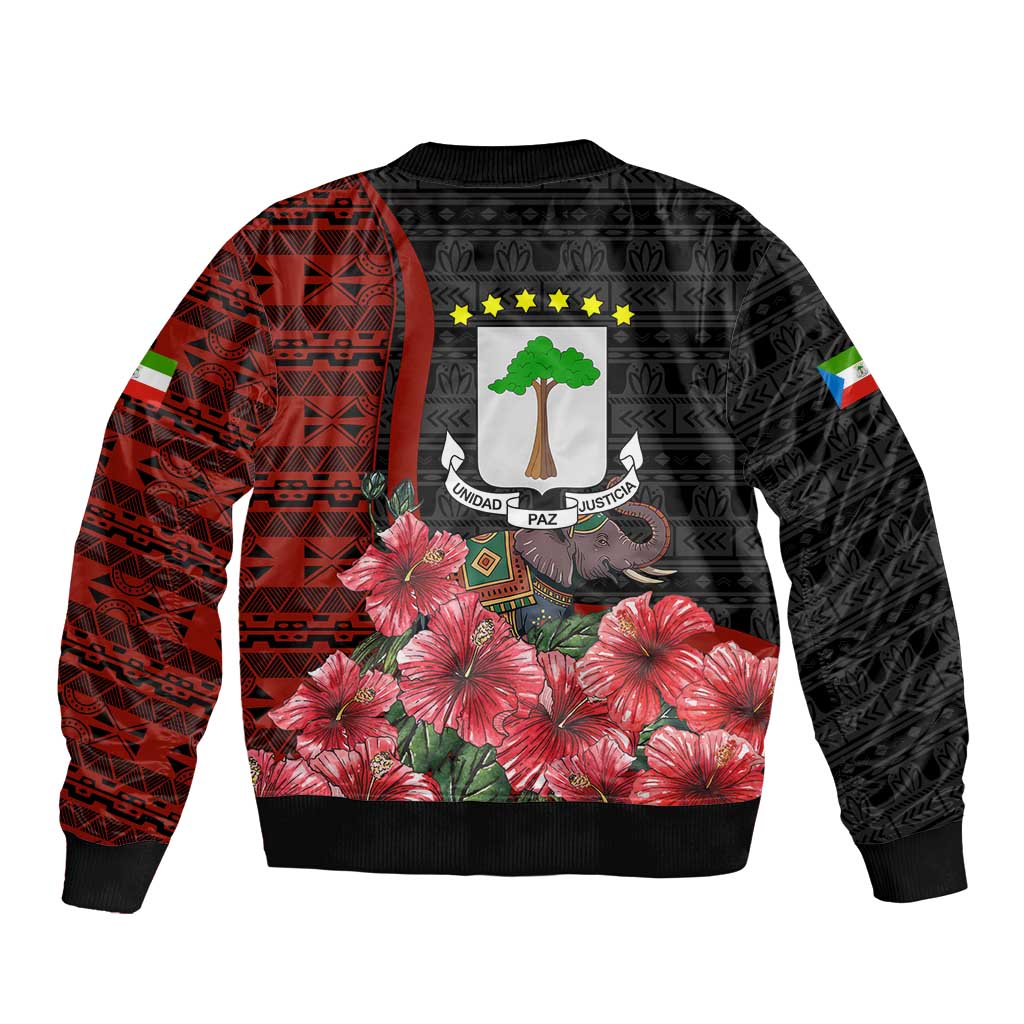 Equatorial Guinea Elephant Sleeve Zip Bomber Jacket with Hibiscus Flowers and Tribal Patterns