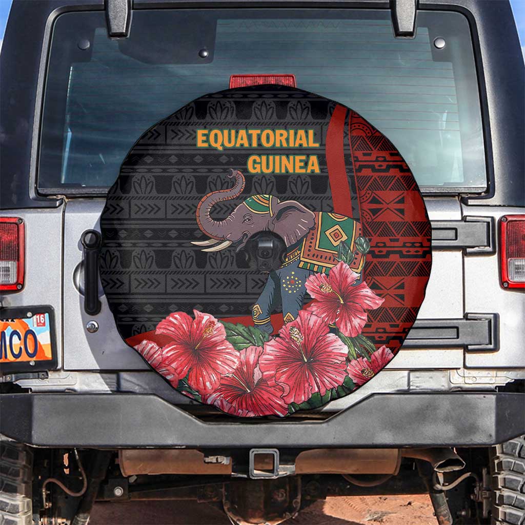 Equatorial Guinea Elephant Spare Tire Cover with Hibiscus Flowers and Tribal Patterns