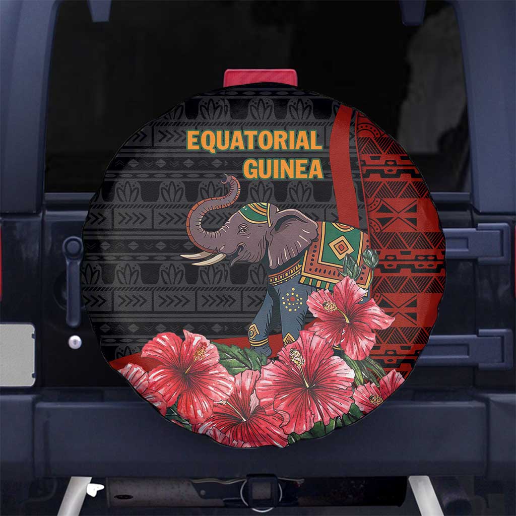 Equatorial Guinea Elephant Spare Tire Cover with Hibiscus Flowers and Tribal Patterns