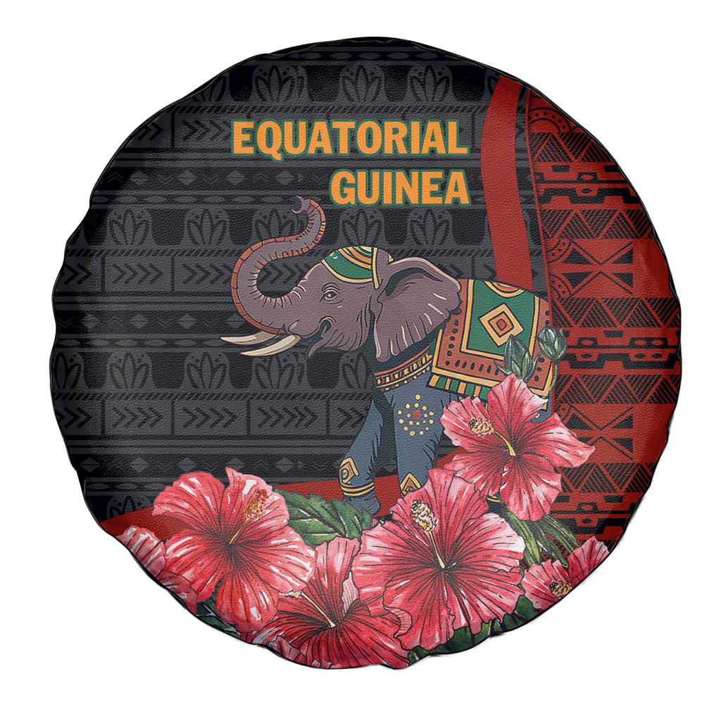 Equatorial Guinea Elephant Spare Tire Cover with Hibiscus Flowers and Tribal Patterns