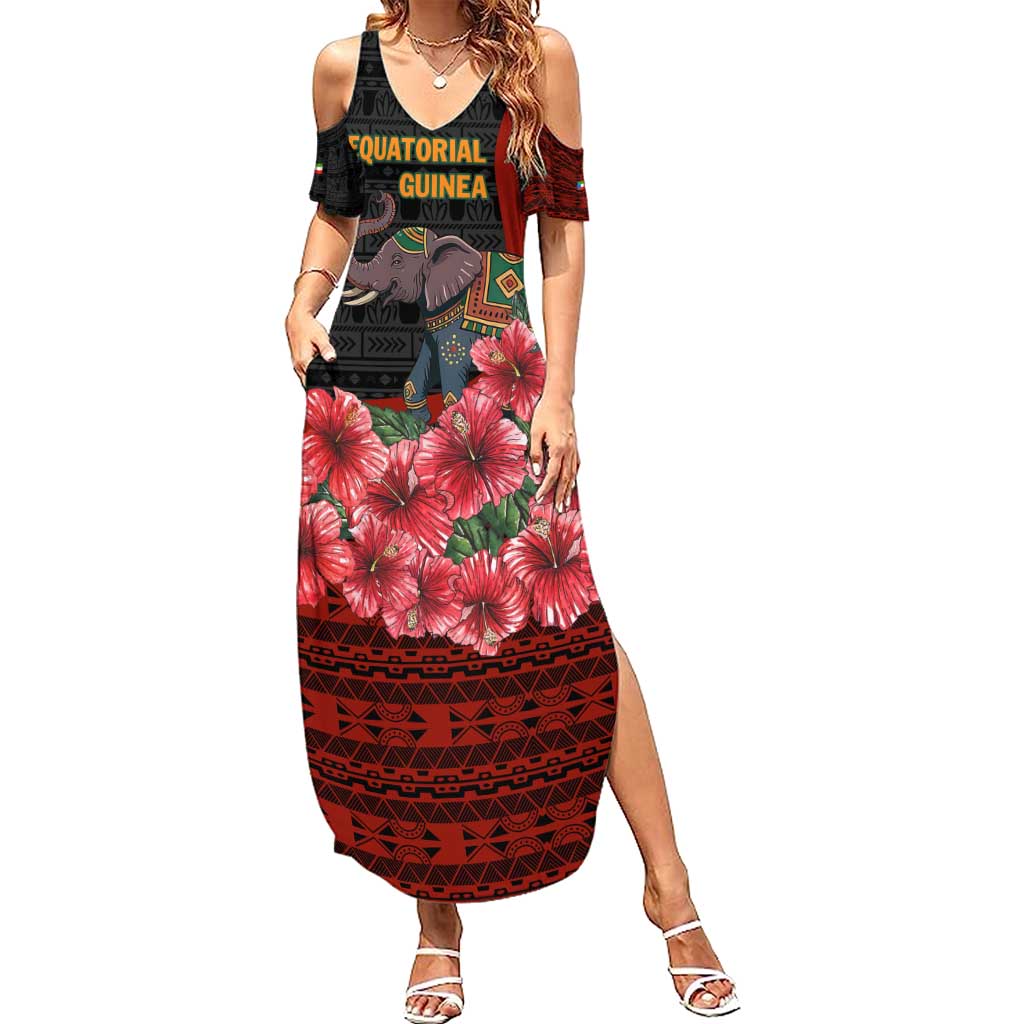 Equatorial Guinea Elephant Summer Maxi Dress with Hibiscus Flowers and Tribal Patterns