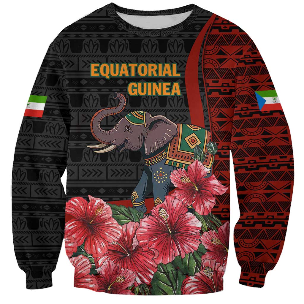 Equatorial Guinea Elephant Sweatshirt with Hibiscus Flowers and Tribal Patterns