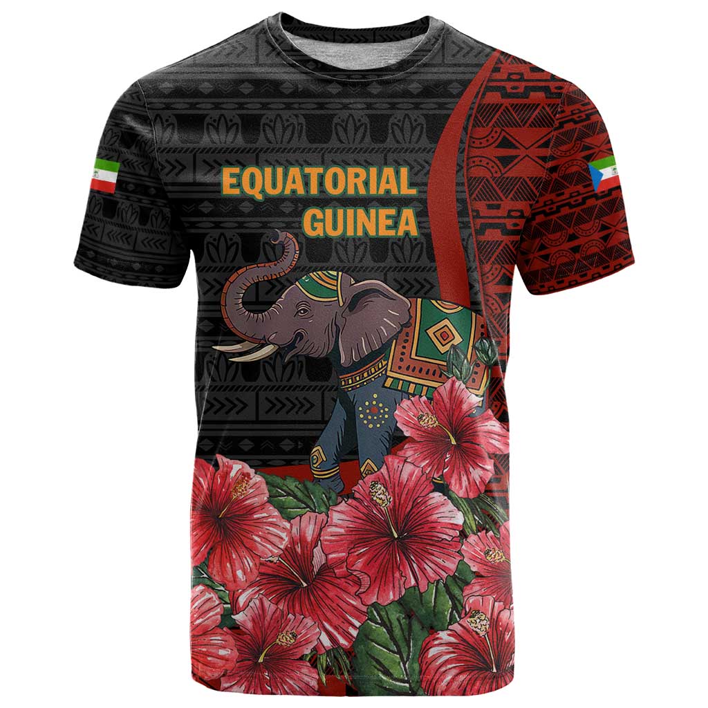 Equatorial Guinea Elephant T Shirt with Hibiscus Flowers and Tribal Patterns