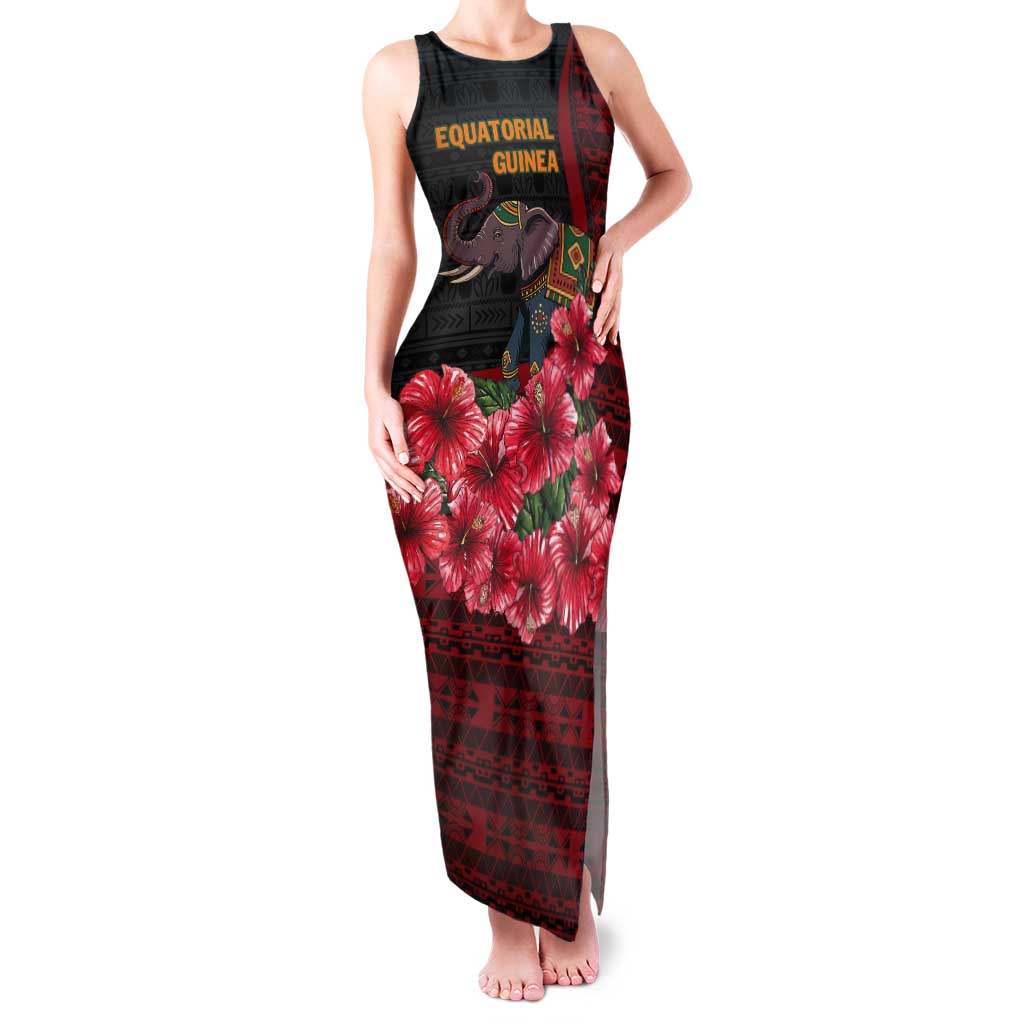 Equatorial Guinea Elephant Tank Maxi Dress with Hibiscus Flowers and Tribal Patterns