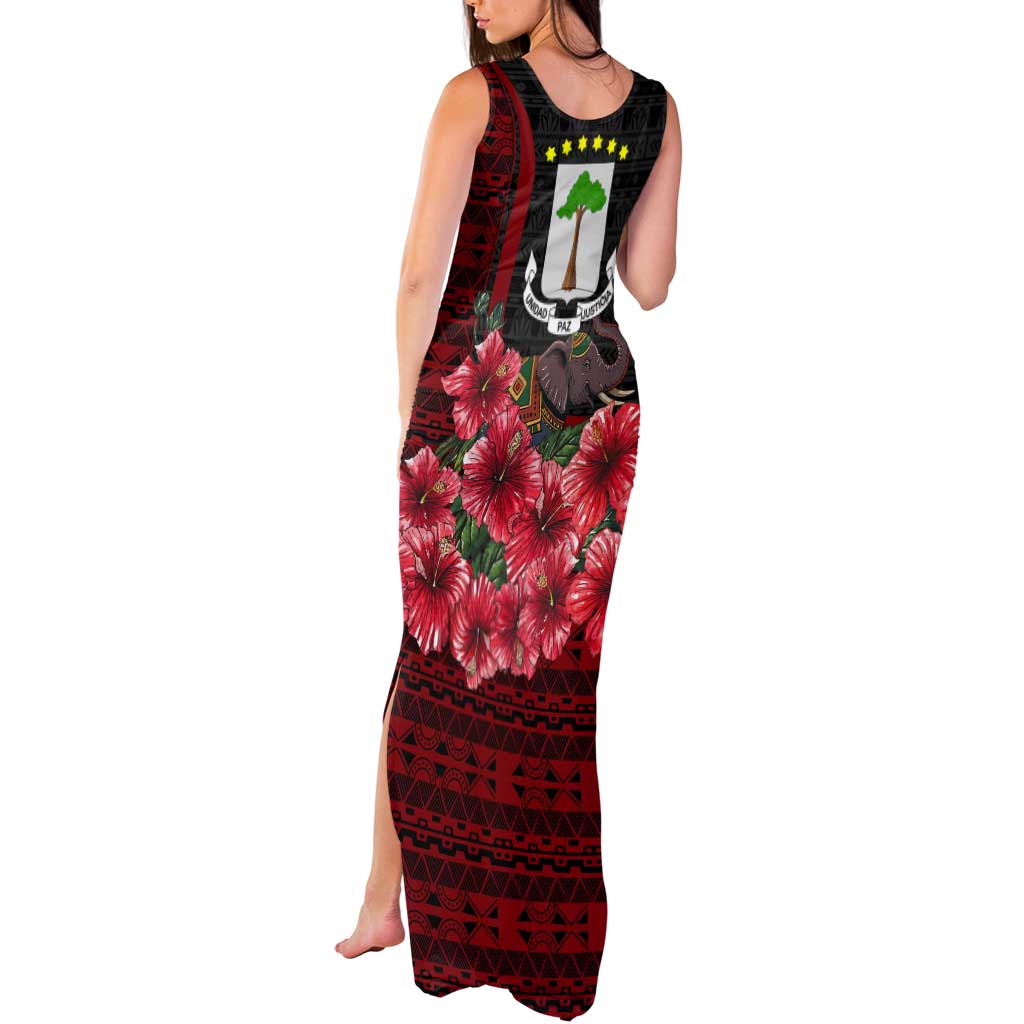 Equatorial Guinea Elephant Tank Maxi Dress with Hibiscus Flowers and Tribal Patterns