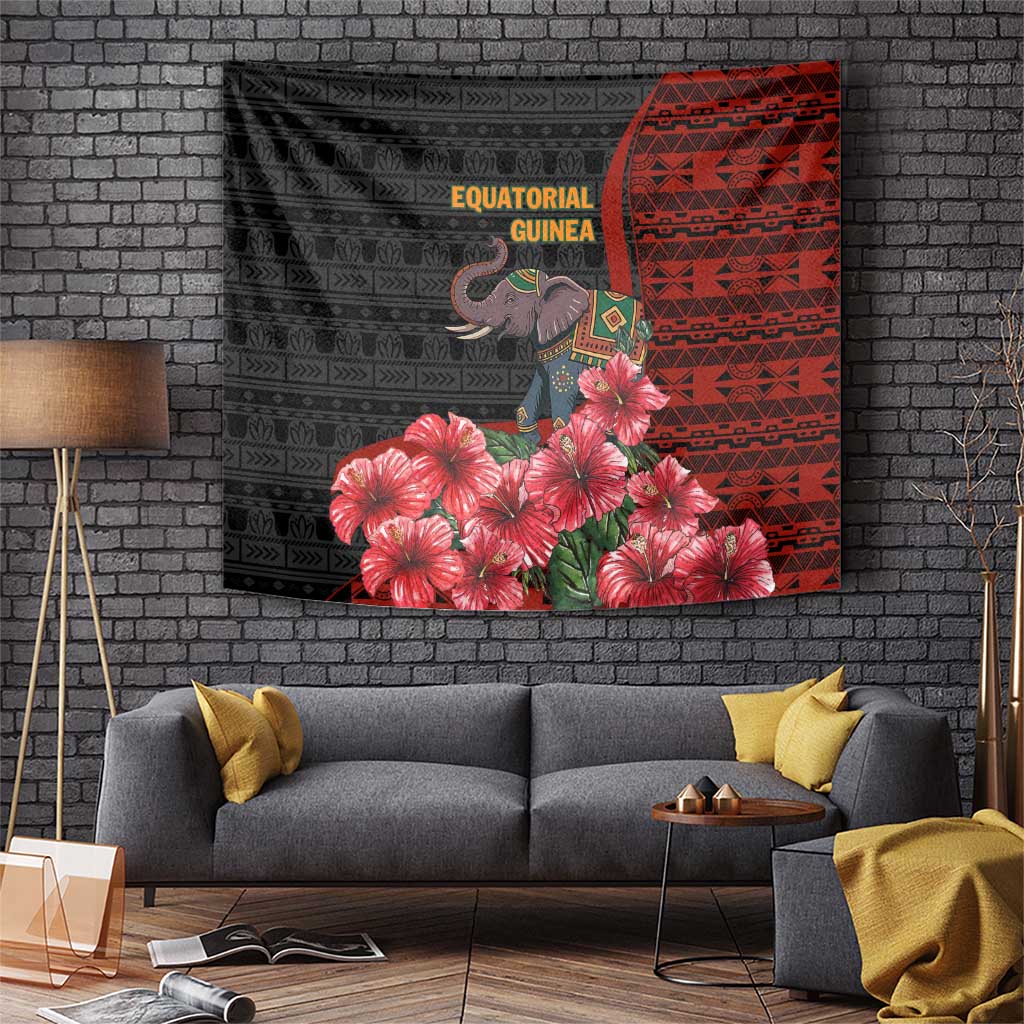 Equatorial Guinea Elephant Tapestry with Hibiscus Flowers and Tribal Patterns