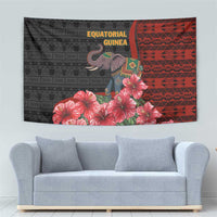 Equatorial Guinea Elephant Tapestry with Hibiscus Flowers and Tribal Patterns