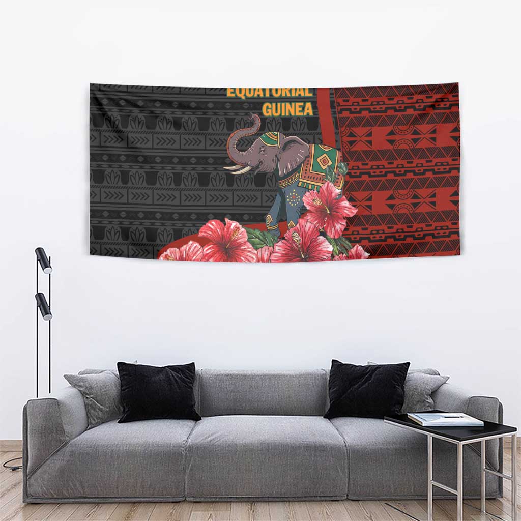 Equatorial Guinea Elephant Tapestry with Hibiscus Flowers and Tribal Patterns