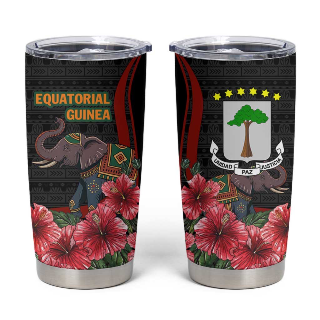 Equatorial Guinea Elephant Tumbler Cup with Hibiscus Flowers and Tribal Patterns