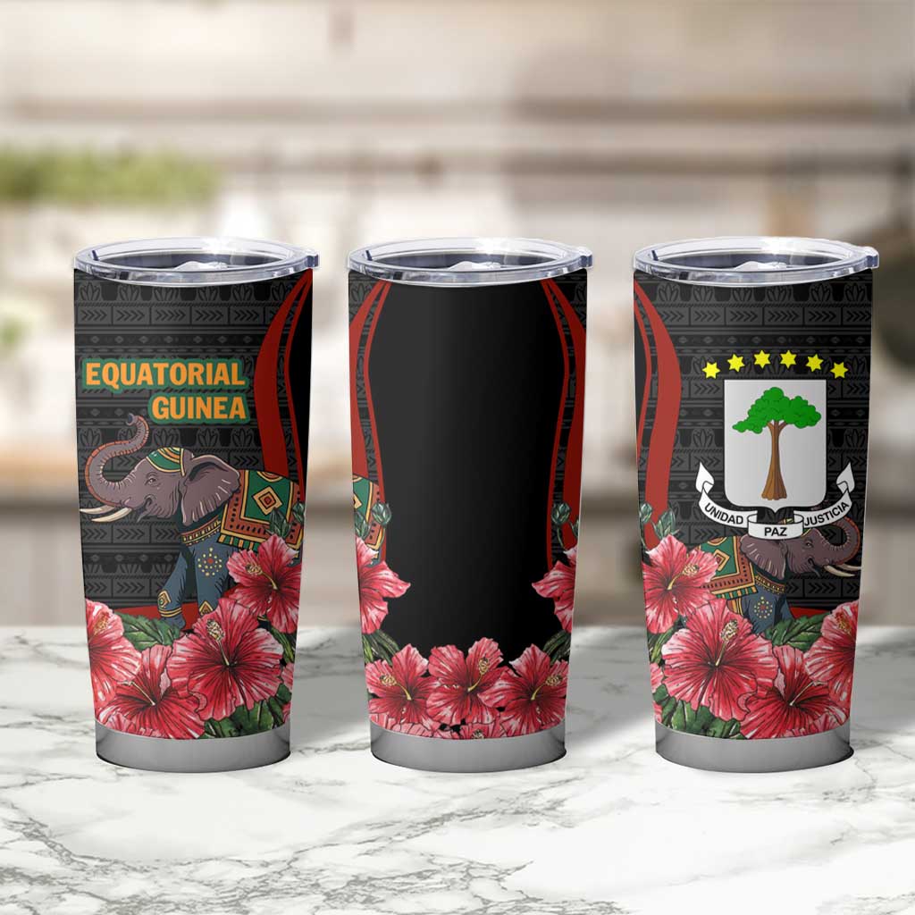 Equatorial Guinea Elephant Tumbler Cup with Hibiscus Flowers and Tribal Patterns