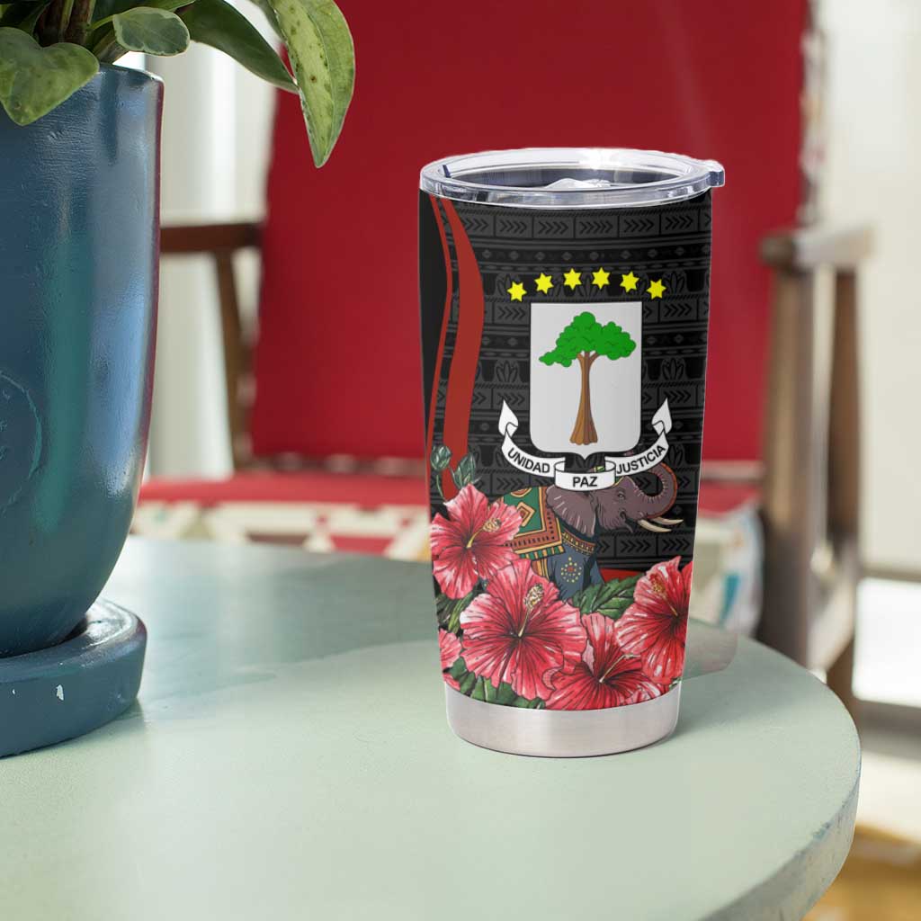 Equatorial Guinea Elephant Tumbler Cup with Hibiscus Flowers and Tribal Patterns