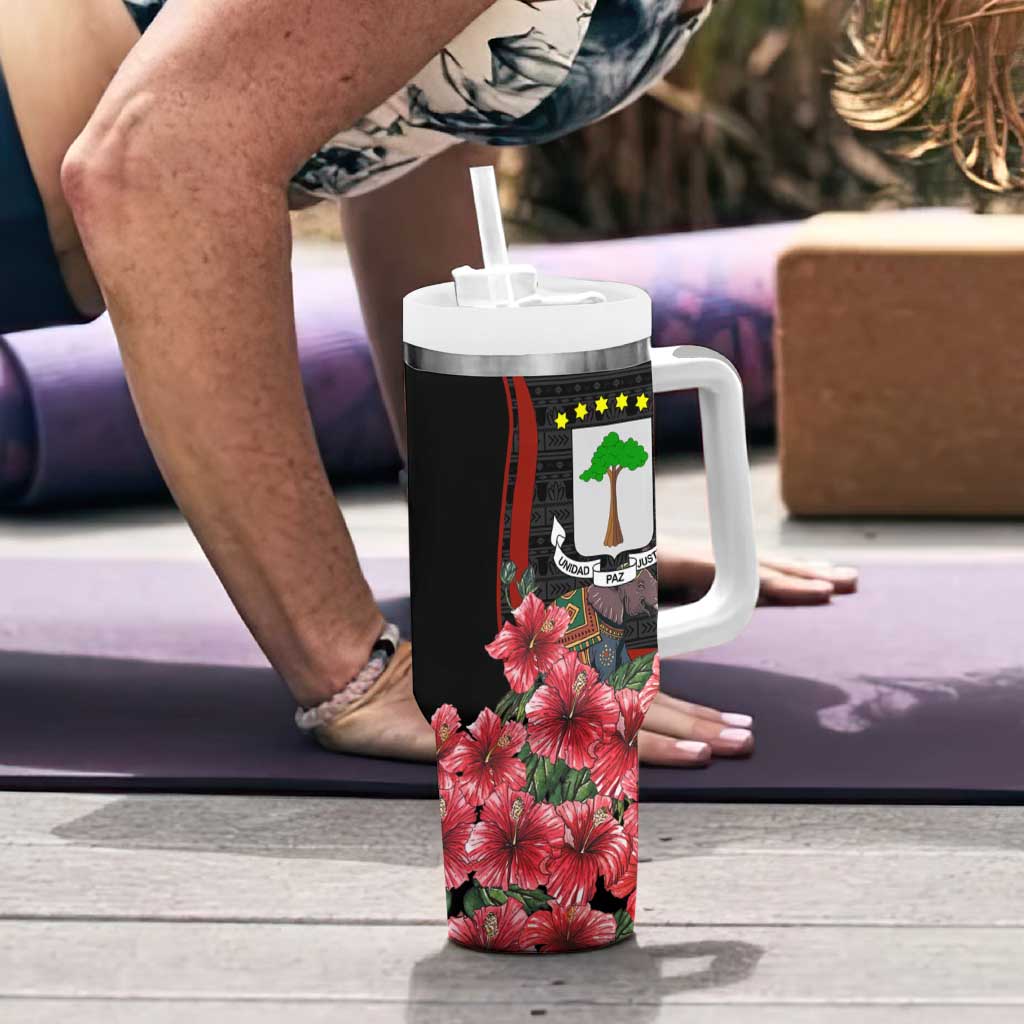 Equatorial Guinea Elephant Tumbler With Handle with Hibiscus Flowers and Tribal Patterns