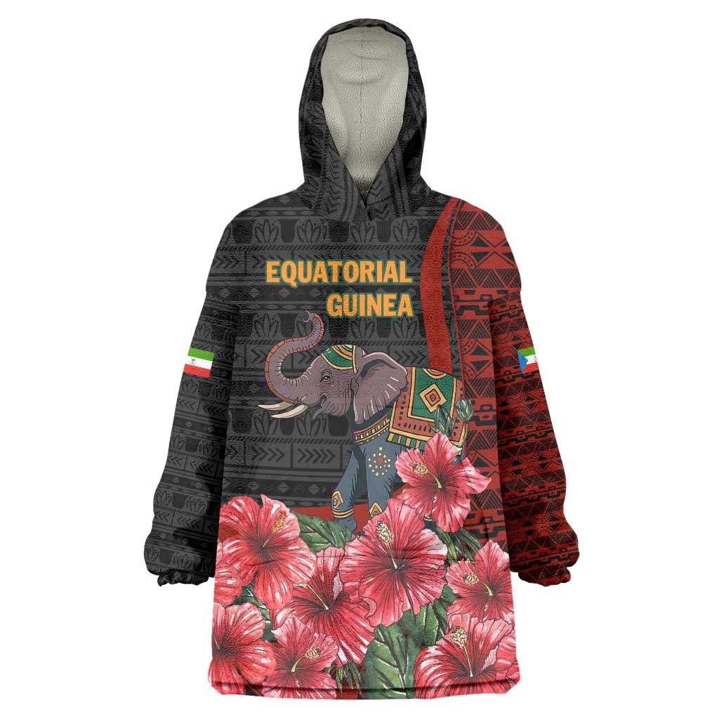 Equatorial Guinea Elephant Wearable Blanket Hoodie with Hibiscus Flowers and Tribal Patterns
