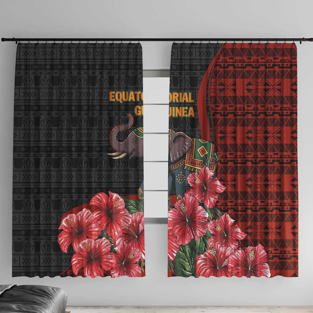 Equatorial Guinea Elephant Window Curtain with Hibiscus Flowers and Tribal Patterns
