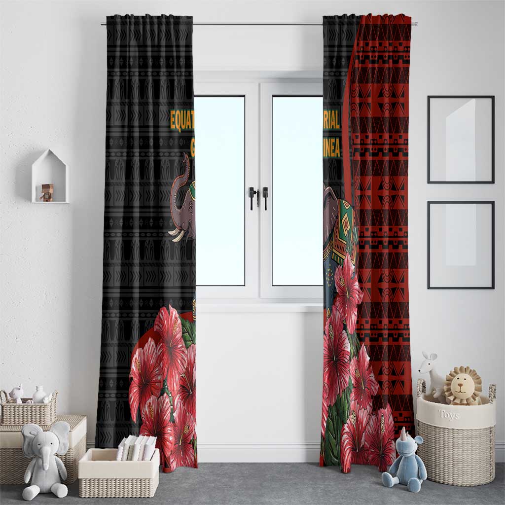Equatorial Guinea Elephant Window Curtain with Hibiscus Flowers and Tribal Patterns