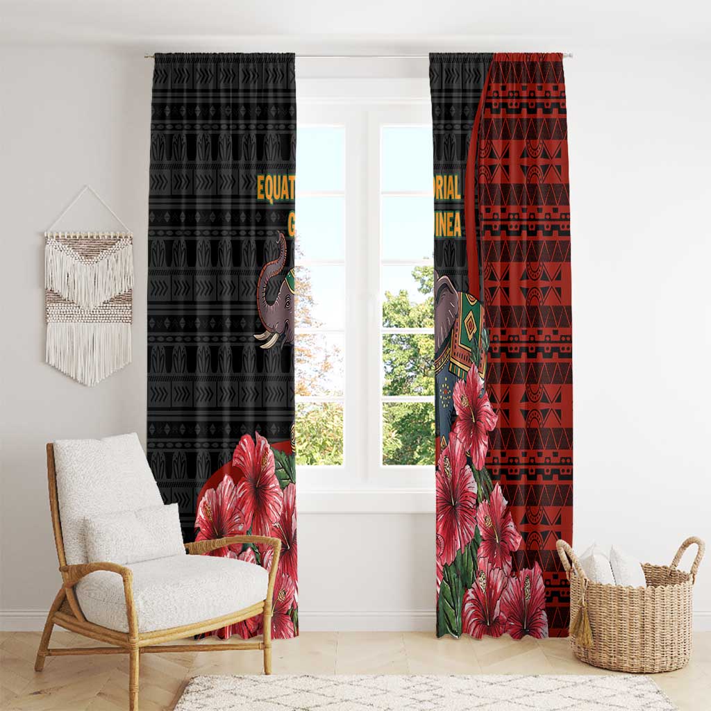 Equatorial Guinea Elephant Window Curtain with Hibiscus Flowers and Tribal Patterns