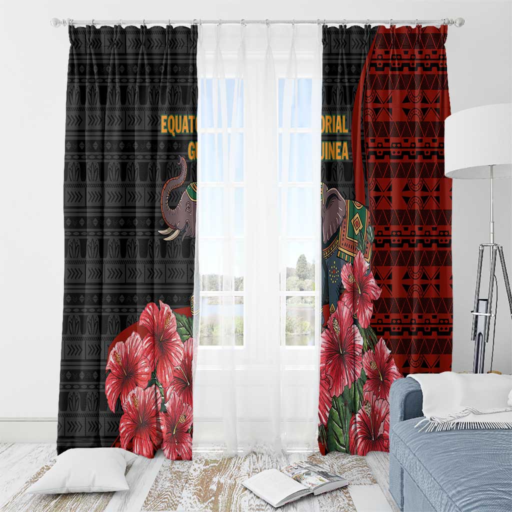 Equatorial Guinea Elephant Window Curtain with Hibiscus Flowers and Tribal Patterns