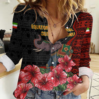 Equatorial Guinea Elephant Women Casual Shirt with Hibiscus Flowers and Tribal Patterns