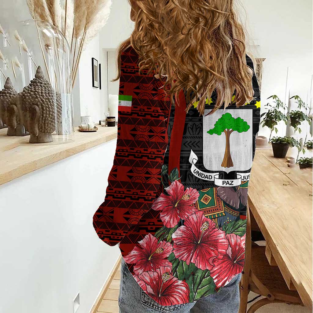 Equatorial Guinea Elephant Women Casual Shirt with Hibiscus Flowers and Tribal Patterns