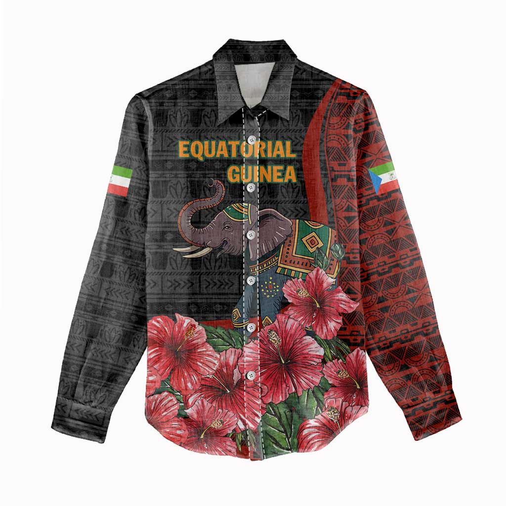Equatorial Guinea Elephant Women Casual Shirt with Hibiscus Flowers and Tribal Patterns
