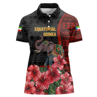 Equatorial Guinea Elephant Women Polo Shirt with Hibiscus Flowers and Tribal Patterns