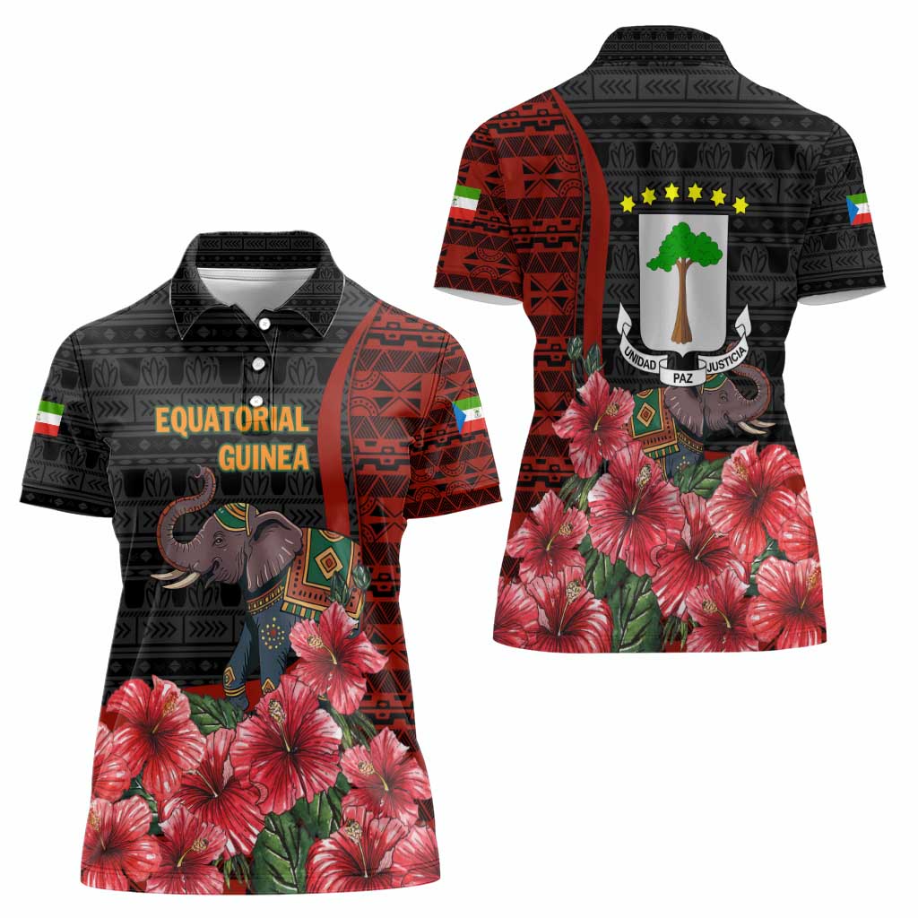 Equatorial Guinea Elephant Women Polo Shirt with Hibiscus Flowers and Tribal Patterns