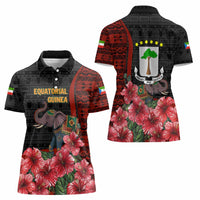Equatorial Guinea Elephant Women Polo Shirt with Hibiscus Flowers and Tribal Patterns