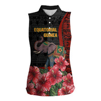 Equatorial Guinea Elephant Women Sleeveless Polo Shirt with Hibiscus Flowers and Tribal Patterns