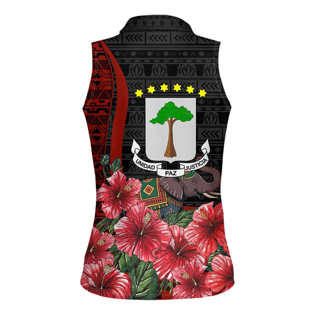 Equatorial Guinea Elephant Women Sleeveless Polo Shirt with Hibiscus Flowers and Tribal Patterns
