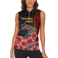 Equatorial Guinea Elephant Women Sleeveless Polo Shirt with Hibiscus Flowers and Tribal Patterns