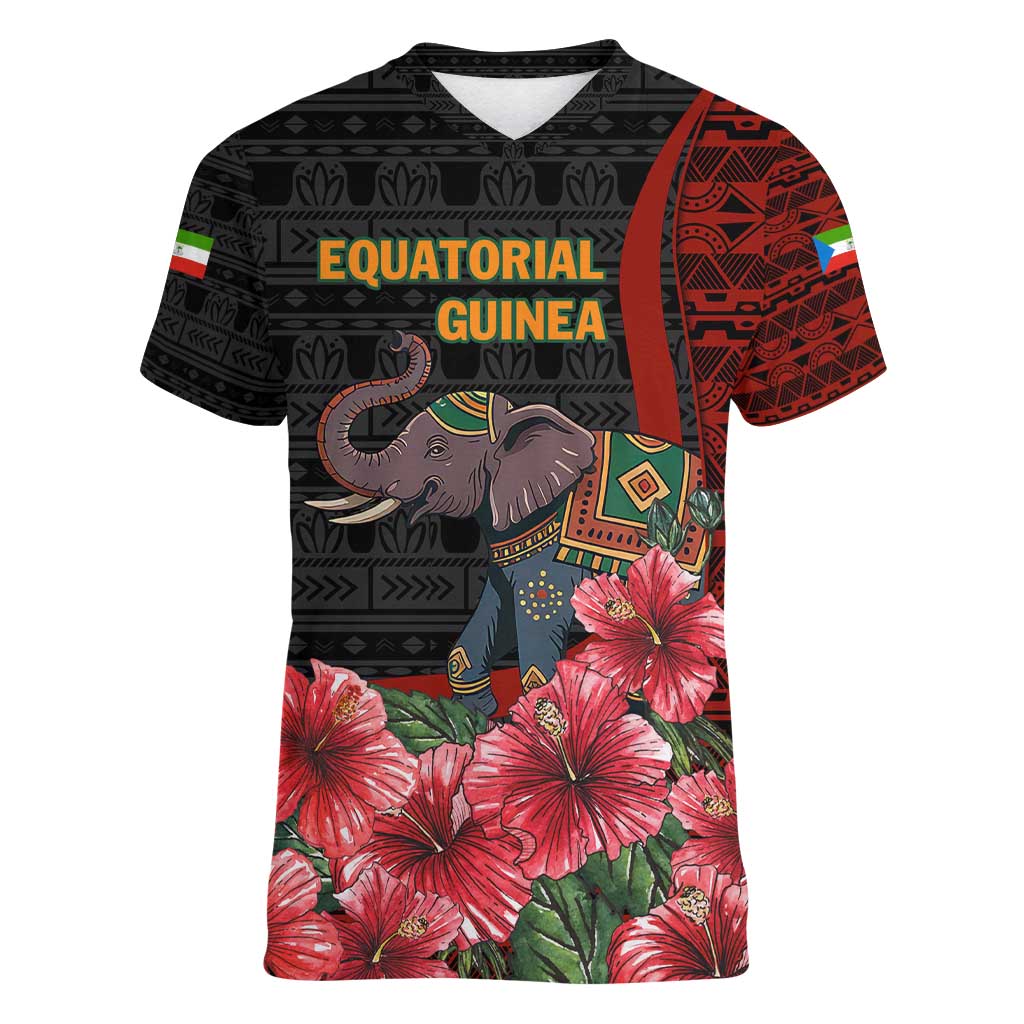 Equatorial Guinea Elephant Women V-Neck T-Shirt with Hibiscus Flowers and Tribal Patterns