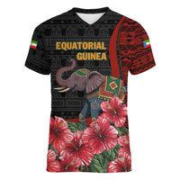 Equatorial Guinea Elephant Women V-Neck T-Shirt with Hibiscus Flowers and Tribal Patterns
