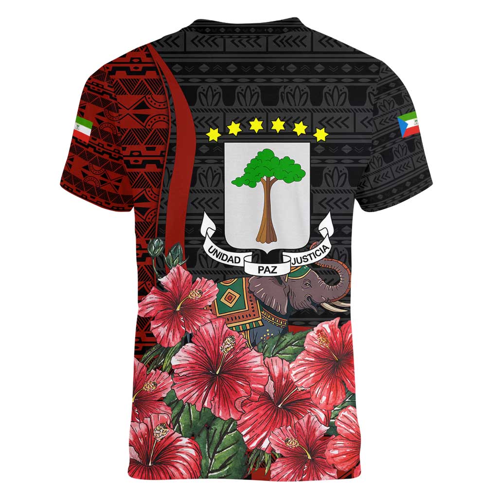 Equatorial Guinea Elephant Women V-Neck T-Shirt with Hibiscus Flowers and Tribal Patterns