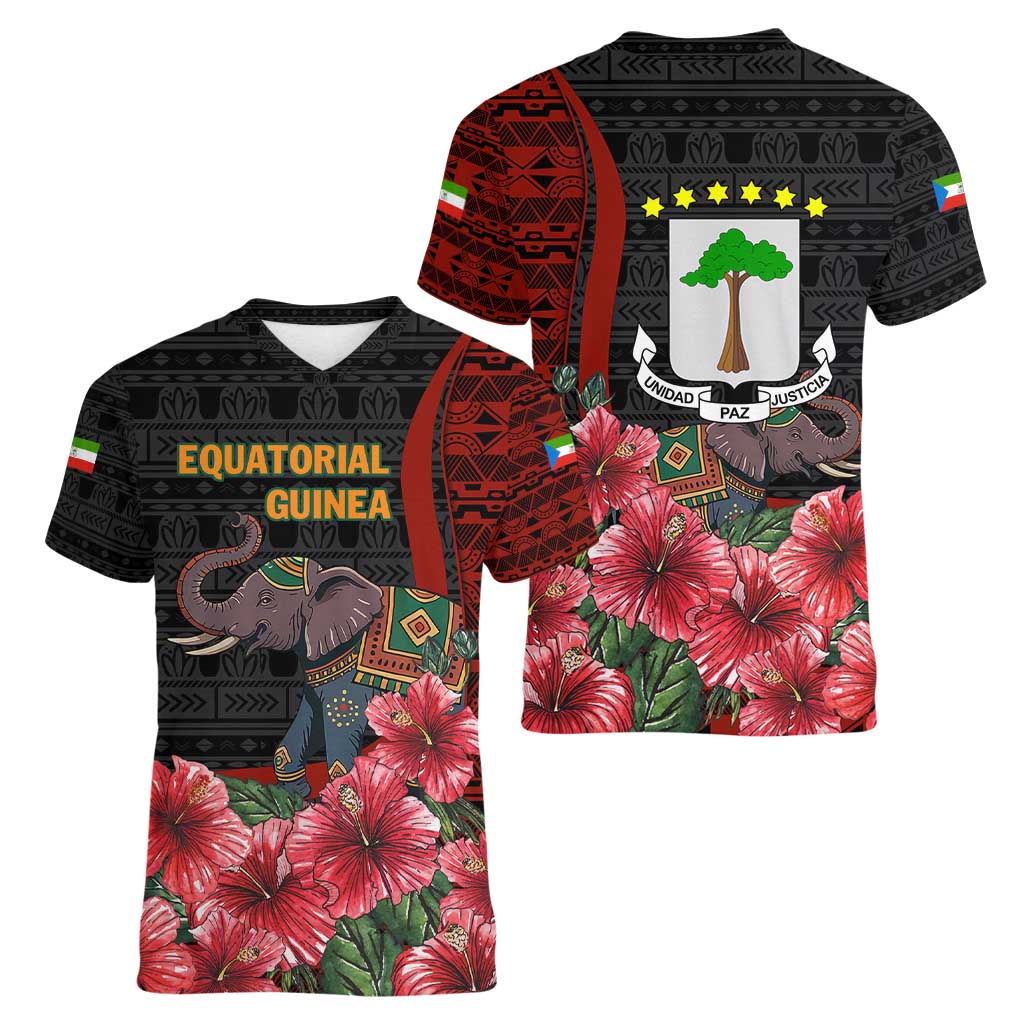 Equatorial Guinea Elephant Women V-Neck T-Shirt with Hibiscus Flowers and Tribal Patterns