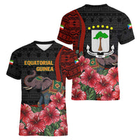 Equatorial Guinea Elephant Women V-Neck T-Shirt with Hibiscus Flowers and Tribal Patterns