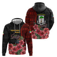 Equatorial Guinea Elephant Zip Hoodie with Hibiscus Flowers and Tribal Patterns