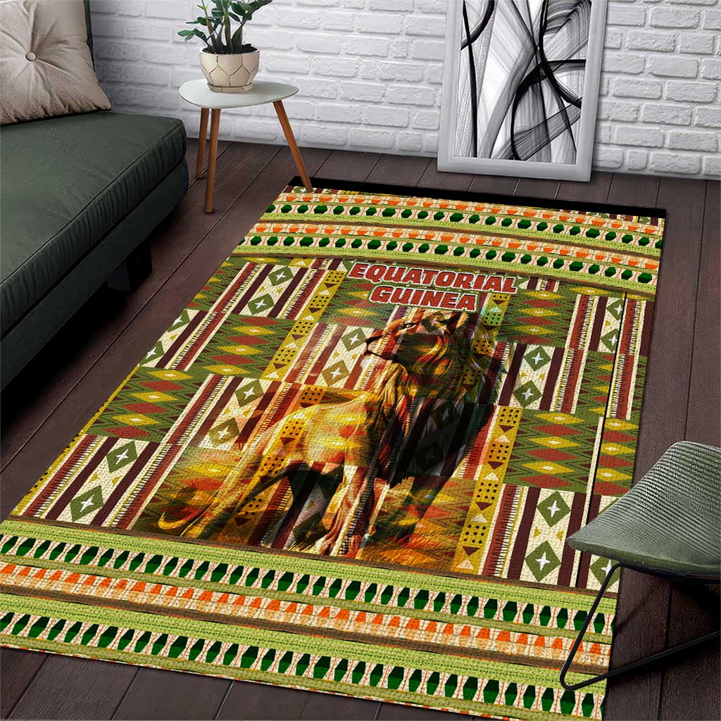 Equatorial Guinea Area Rug with Lion Print and Traditional African Kente Patterns