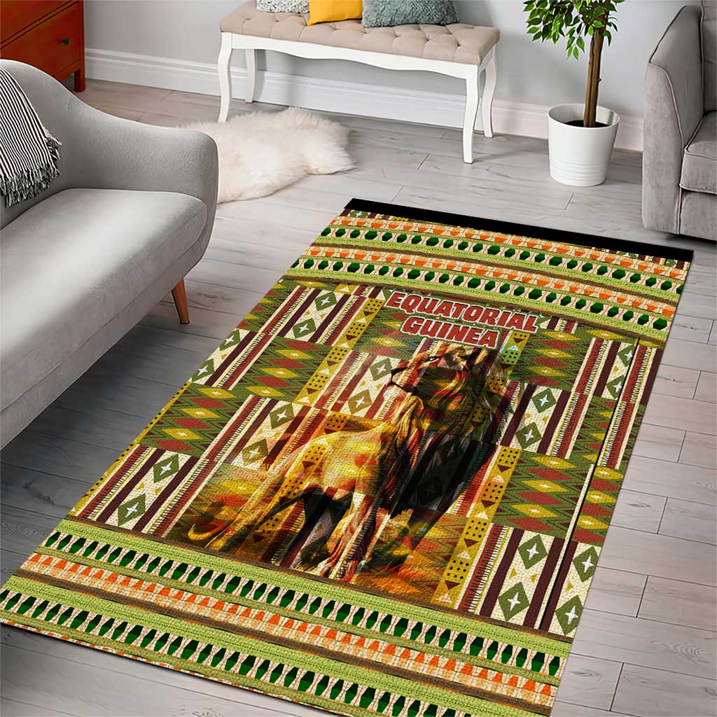 Equatorial Guinea Area Rug with Lion Print and Traditional African Kente Patterns